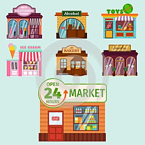 Vector flat design restaurant shops facade storefront market building architecture showcase window illustration.