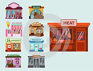 Vector flat design restaurant shops facade storefront market building architecture showcase window illustration.