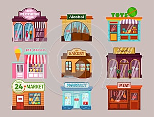 Vector flat design restaurant shops facade storefront market building architecture showcase window illustration.