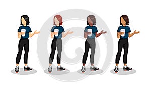 Vector flat digital illustration, set of different races sporty girls, women with cups of coffee in hands.