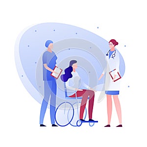 Vector flat doctor and patient person illustration. Medical team and disabled female sitting in wheelchair. Concept of diagnosis,