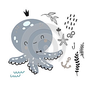 Vector flat doodle octopus underwater life pattern