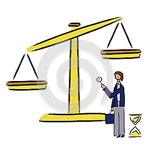 Vector flat drawing of a man on the background of the scales of justice and hourglass.