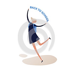 Vector flat female school character. Happy girl in blue dress walking and back to school text isolated on white background. Design