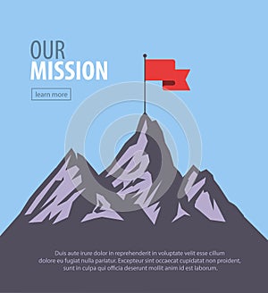 Vector flat flag on mountain. Success illustration. Goal achievement. Business concept