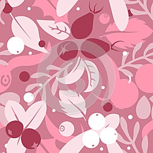 Vector flat flowers and berries, seamless creative pattern.