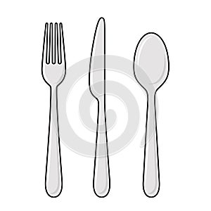 Vector Flat Fork, Knife and Spoon with Outline Icon Set, Cutlery, Isolated