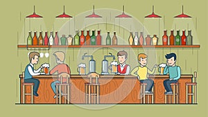Vector flat friends in bar counter and barman drin