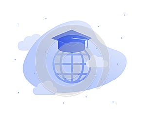 Vector flat global education illustration. Planet icon with magister hat and cloud on blue background. Concept of worldwide access