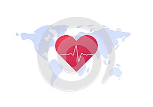 Vector flat global medicine abstract illustration. Heart shape with heartbeat on earth map background. World healt day and