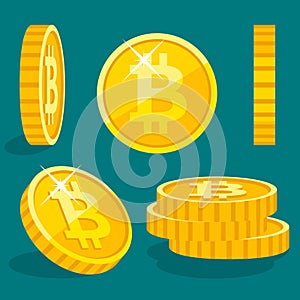 Vector flat gold coins icon with Bitcoin sign