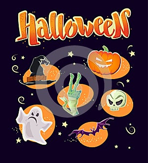 Vector flat halloween card, banner, poster, placard, party invitation, flayer design elements.