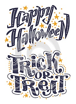 Vector flat halloween lettering quote design set with doodle elements isolated on white background.