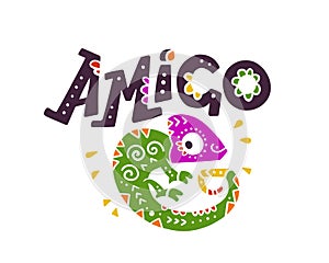 Vector flat hand drawn illustration with funny smiling chameleon and lettering Amigo isolated on white background. photo