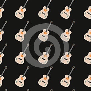 Vector flat hand drawn seamless pattern with guitar. Flat vector hippy boho illustration.