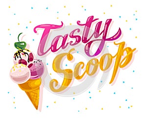 Vector flat ice cream truck, shop, store logo with hand written font and ice cream cone, confetti on white background.