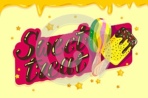 Vector flat ice cream truck, shop, store logo with hand written font, two eskimo with confetti isolated on yellow background.