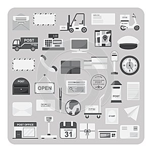 Vector of flat icons, Postal service and post office set