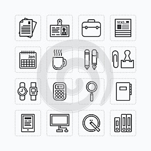 Vector flat icons set of business office tools outline concept.