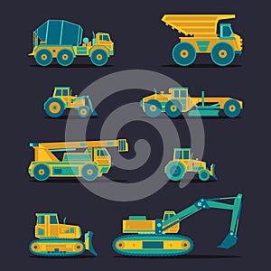 Vector flat icons set of construction vehicles. Road engineering signs. Industrial machinery symbols.