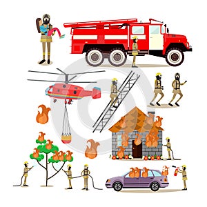 Vector flat icons set of firefighter profession people