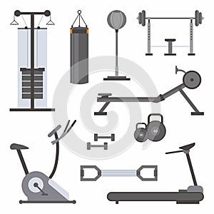 Vector flat icons set of fitness tools. Sport equipment in cartoon style. Active lifestyle accessories. Fitness or gym