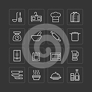 Vector flat icons set of kitchen cooking tools outline concept.