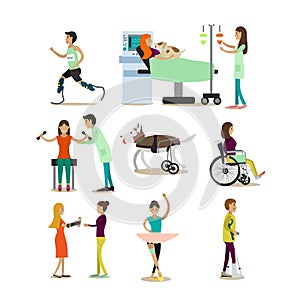 Vector flat icons set of medical staff and disabled people, pets