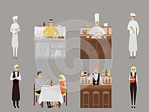 Vector flat icons set of restaurant team and visitors characters