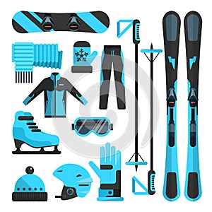 Vector flat icons set of skiing, skating and snowboarding outfit