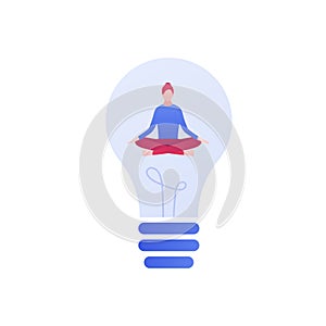 Vector flat idea meditation illustration. Sitting woman inside light bulb sign on sky background. Concept of creativity, life work