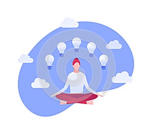 Vector flat idea meditation illustration. Sitting woman with light bulb symbols on sky background. Concept of creativity, life