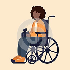 Vector flat illustration of a african girl in a wheelchair with a camera in hands. Clipart Black woman photographer. Hobby as