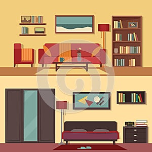 Vector flat illustration banners set abstract for rooms of apartment, house. Home interior design. Parlor photo