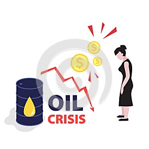 Vector flat illustration of barrel of oil with red falling arrow of the economic chart and dollars coins.