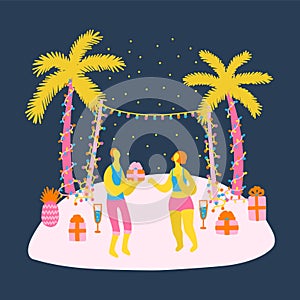 Vector flat illustration with beach new year celebration