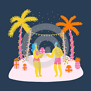 Vector flat illustration with beach new year celebration