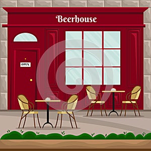 Vector flat illustration of beerhouse facade in retro style