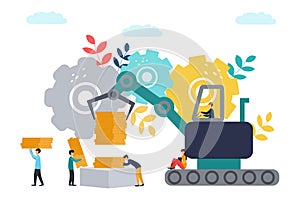 Vector flat illustration, big machine with an iron hand carries money, metaphor of making big money. businessmen count and