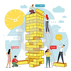 Vector flat illustration big tower jenga with group of young development specialists photo