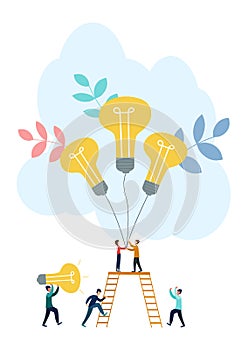 Vector flat illustration, business concept for teamwork, small people sit on the light bulbs in search of ideas, search for new