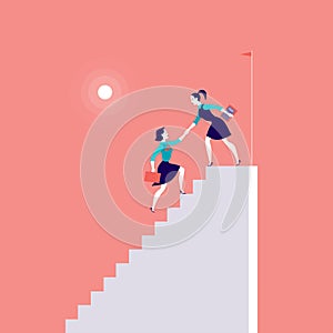 Vector flat illustration with business ladies climbing on top of white stairs together on red background.