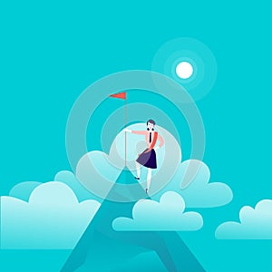 Vector flat illustration with business lady standing on mountain peak of holding flag on blue clouded sky background.