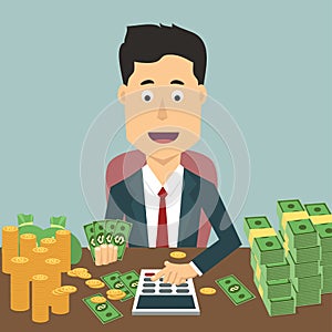 Vector flat illustration of businessman with pile