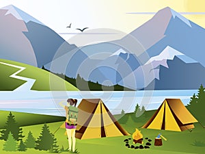 Vector flat illustration camping girl traveler. Nature background with grass, forest, mountains and hills. Outdoor