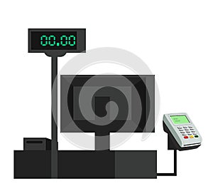 Vector flat illustration of cash desk with POS terminal