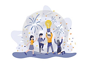 Vector flat illustration, celebration about creative idea, brilliant concept, and working strategy. Happy young man and women with