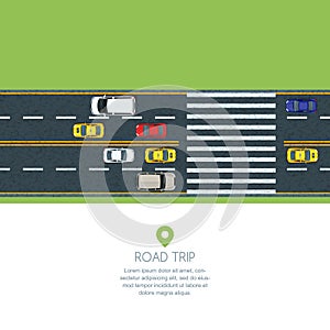 Vector flat illustration of city transport. Highway road, moving cars and taxi. Automobiles on the crosswalk, top view.