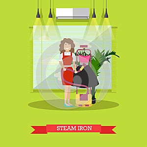 Vector flat illustration of cleaning woman with steam iron