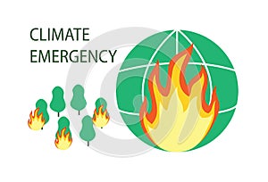 Vector flat illustration of Climate emergency. Fires on a green planet due to global warming and rising temperatures. Burning tree photo